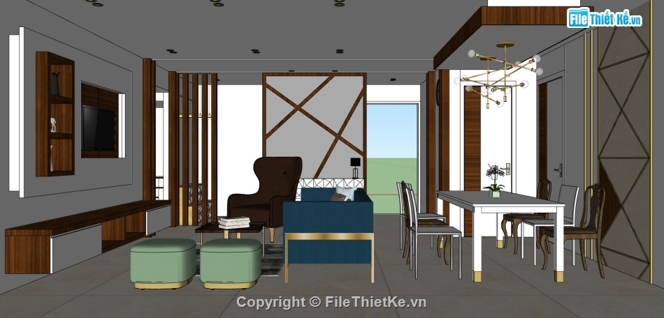 nội thất phòng khách,File sketchup phòng khách đẹp,nội thất khách ăn