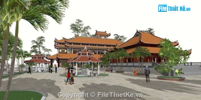 phối cảnh chùa,phối cảnh một ngôi chùa,sketchup chùa tháp,3d sketchup phối cảnh chùa tháp
