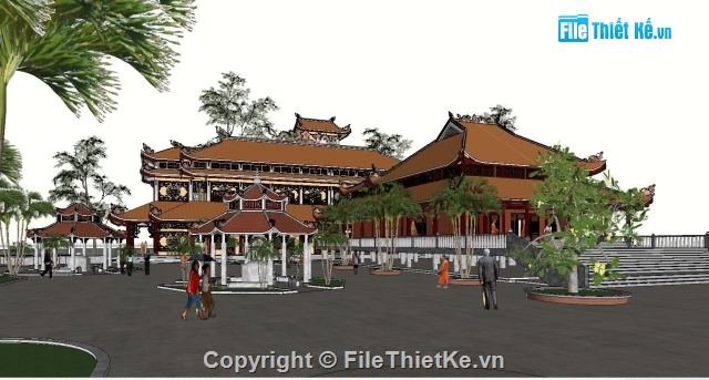phối cảnh chùa,phối cảnh một ngôi chùa,sketchup chùa tháp,3d sketchup phối cảnh chùa tháp
