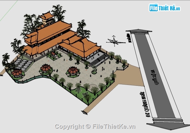 phối cảnh chùa,phối cảnh một ngôi chùa,sketchup chùa tháp,3d sketchup phối cảnh chùa tháp