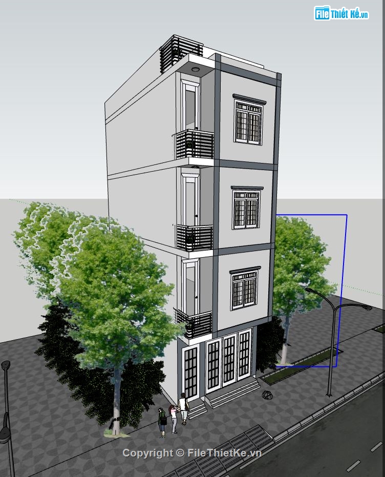 nhà phố 4 tầng,phối cảnh nhà phố 4 tầng,mẫu sketchup nhà phố 4 tầng