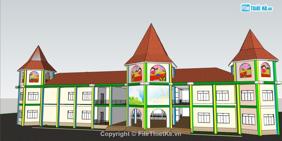 phối cảnh trường mầm non,sketchup trường mầm non,trường mầm non,tổng thể trường mẫu giáo