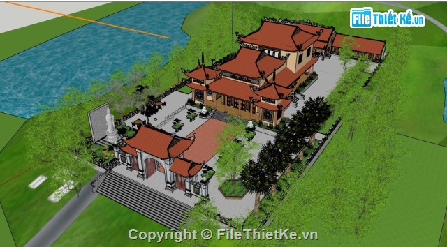 phối cảnh chùa,File sketchup chùa,cảnh chùa Đắc Lâm,Sketchup chùa Đắc Lâm,Sketchup tổng cảnh chùa Đắc Lâm