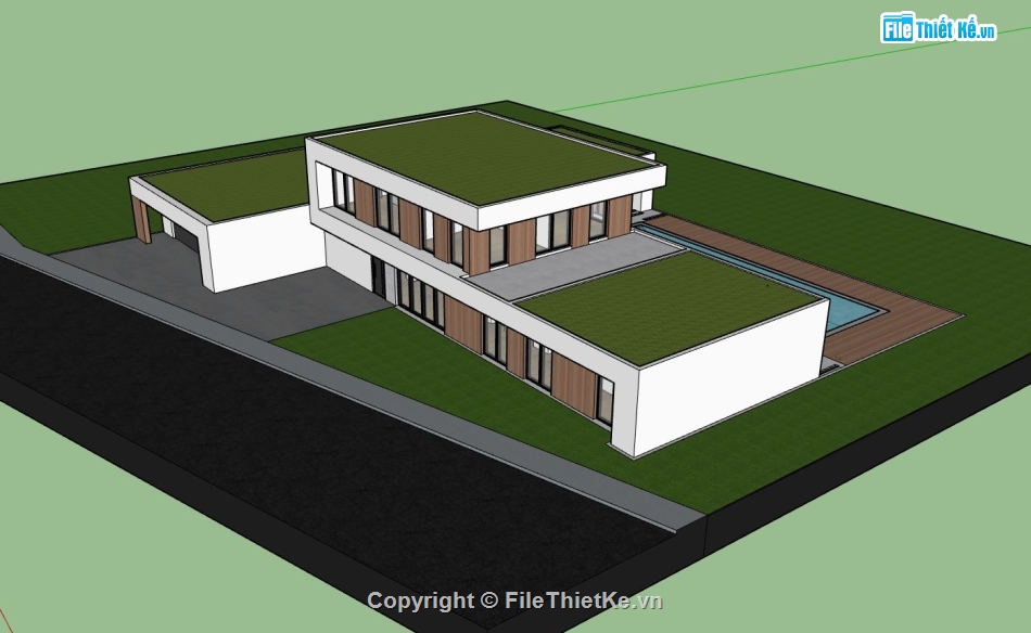 sketchup villa 2 tầng,model villa 2 tầng,thiết kế 3d biệt thự hiện đại