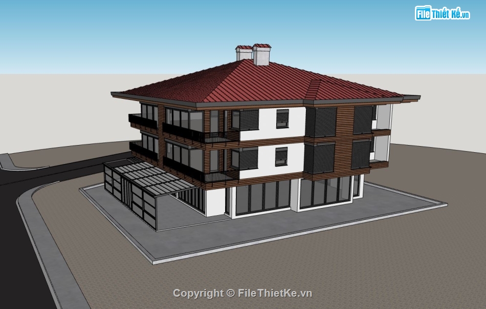 villa 3 tầng,sketchup villa 3 tầng,mẫu sketchup biệt thự 3 tầng,phối cảnh biệt thự 3 tầng