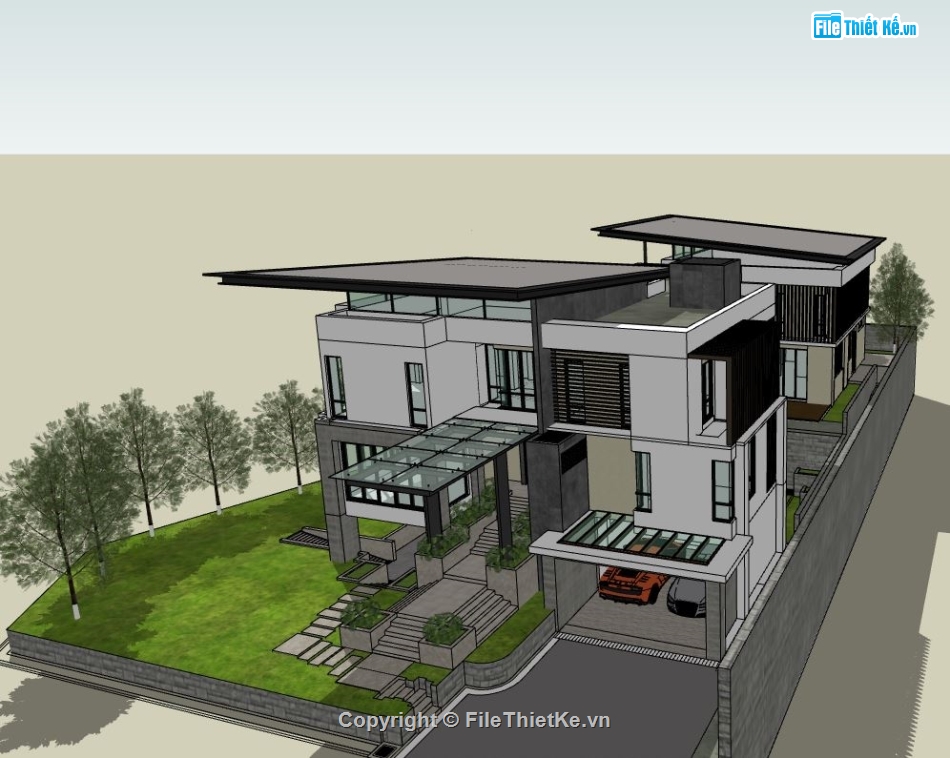 nhà 3 tầng hiện đại,mẫu villa 3 tầng su đẹp,model sketchup villa 3 tầng