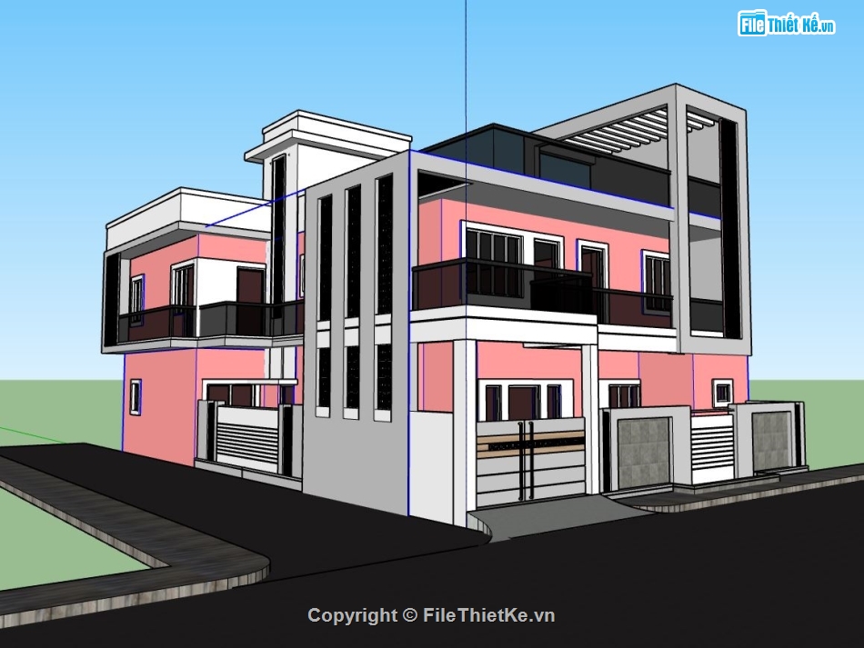 villa 2 tầng,file sketchup biệt thự hiện đại,model su biệt thự 2 tầng
