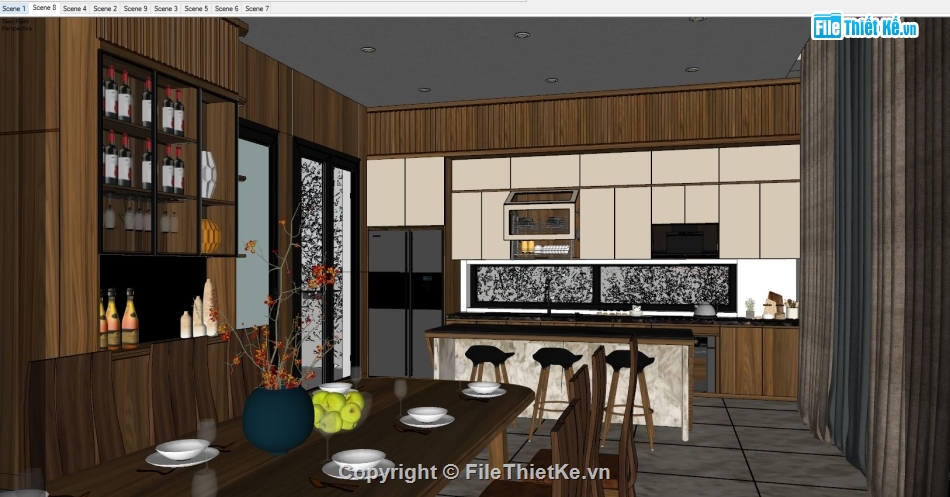 sketchup nội thất,File sketchup nội thất,nội thất phòng bếp,sketchup nội thất phòng bếp,sketchup bàn ăn,nội thất phòng khách