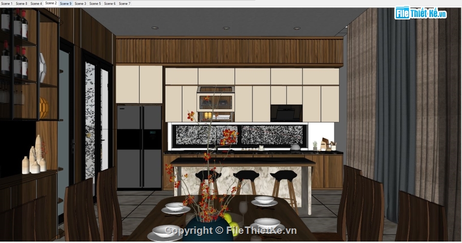 sketchup nội thất,File sketchup nội thất,nội thất phòng bếp,sketchup nội thất phòng bếp,sketchup bàn ăn,nội thất phòng khách