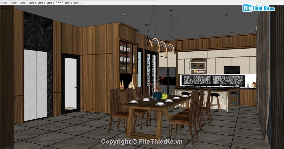 sketchup nội thất,File sketchup nội thất,nội thất phòng bếp,sketchup nội thất phòng bếp,sketchup bàn ăn,nội thất phòng khách