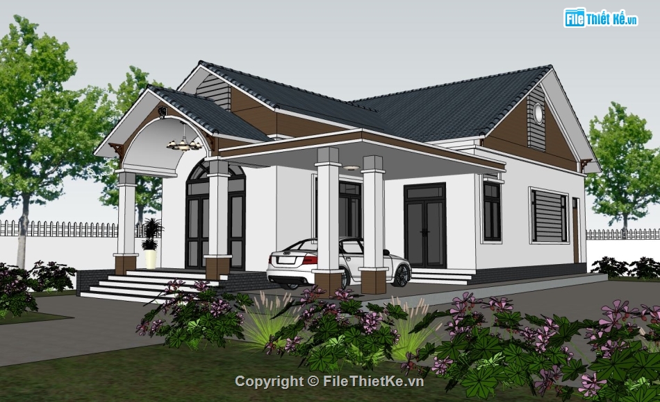 biệt thự 1 tầng,model su biệt thự 1 tầng,file sketchup biệt thự đẹp,mẫu biệt thự 1 tầng