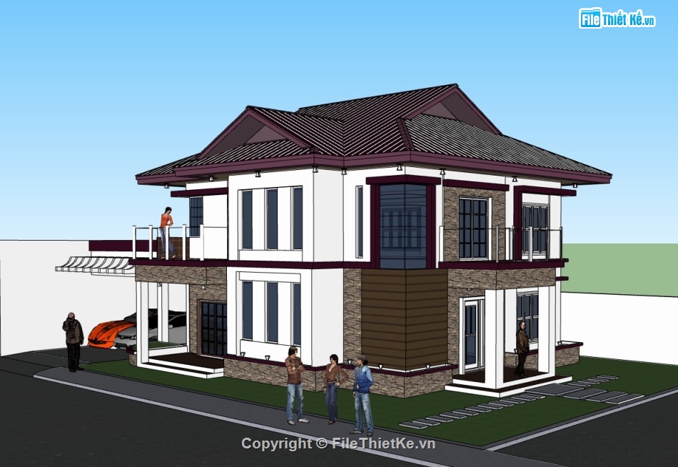 biệt thự 2 tầng,su biệt thự,sketchup biệt thự