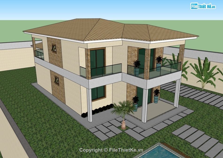 su biệt thự,sketchup biệt thự,sketchup biệt thự 2 tầng,su biệt thự 2 tầng