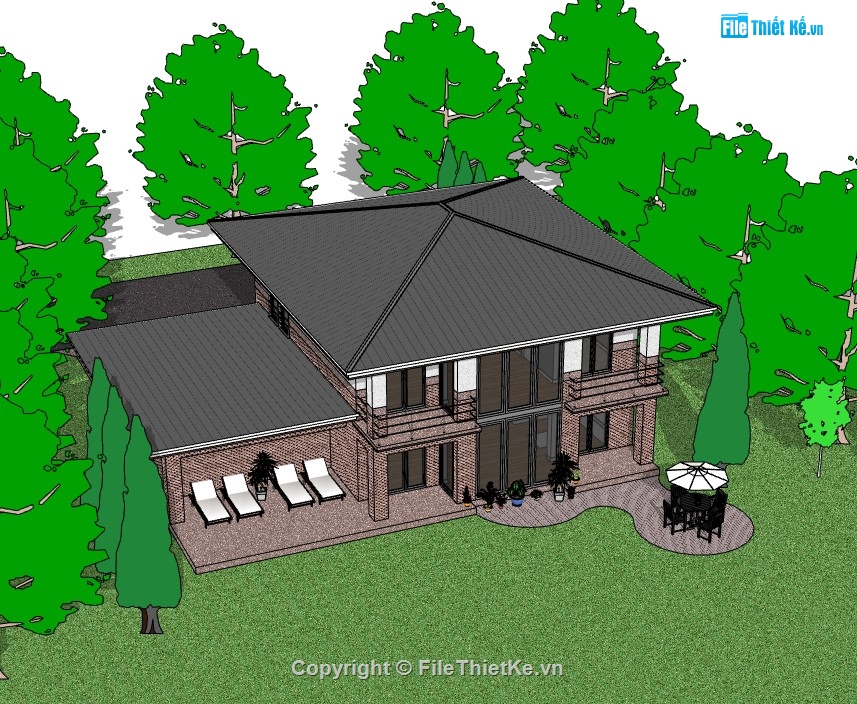 biệt thự hiện đại,biệt thự 2 tầng,su biệt thự,sketchup biệt thự 2 tầng