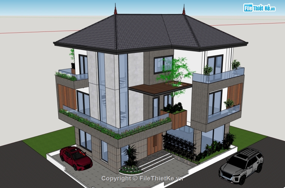 biệt thự 3 tầng,su biệt thự,sketchup biệt thự