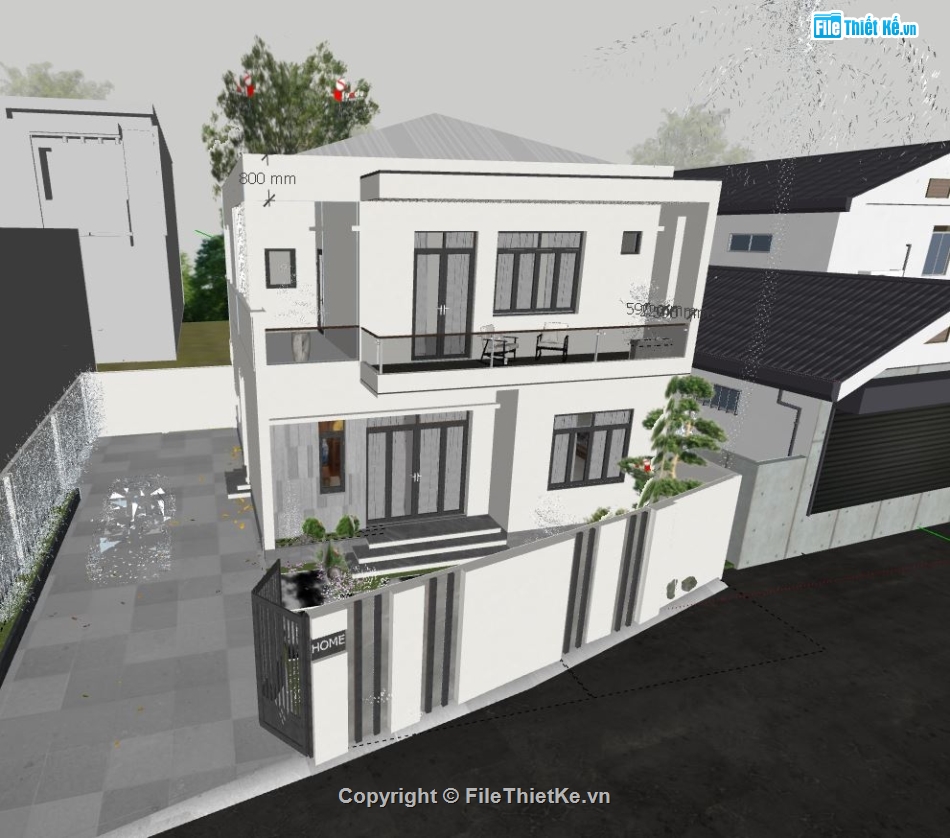 ngoại thất nhà 2 tầng,biệt thự nhà 2 tầng,sketchup biệt thự