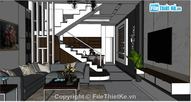 Sketchup thiết kế nội tất căn hộ,Mẫu thiết kế nội thất tầng 1,Mẫu thiết kế tầng 1