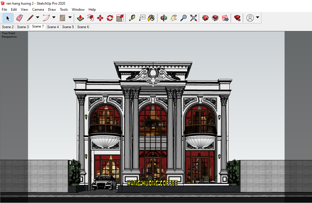 Sketchup nhà hàng tân cổ,Su15 nhà hàng,nhà hàng coffe,tân cổ điển,nhà hàng coffe tân cổ điển,thiết kế nhà hàng sketchup