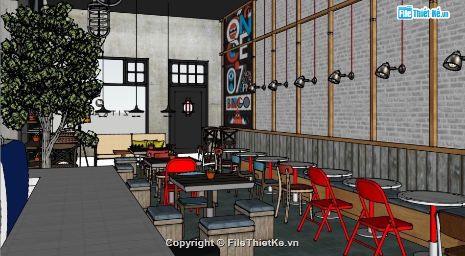 sketchup quán cafe,thiết kế quán cafe,mặt bằng quán cà phê