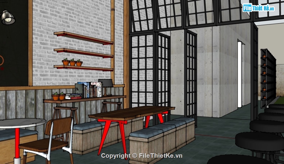 sketchup quán cafe,thiết kế quán cafe,mặt bằng quán cà phê