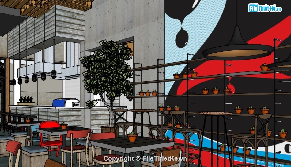 sketchup quán cafe,thiết kế quán cafe,mặt bằng quán cà phê