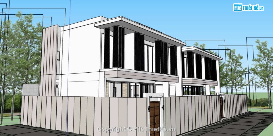 villa 2 tầng,file sketchup biệt thự 2 tầng,mẫu sketchup biệt thự 2 tầng,phối cảnh biệt thự 2 tầng