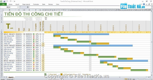 tiến độ thi công,tiến độ thi công excel,file excel tính toán thi công