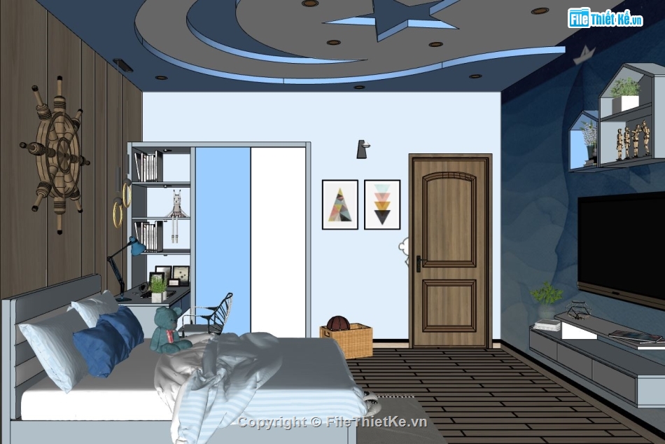 nội thất phòng ngủ,file sketchup nội thất phòng ngủ,su phòng ngủ hiện đại,phòng ngủ bé trai