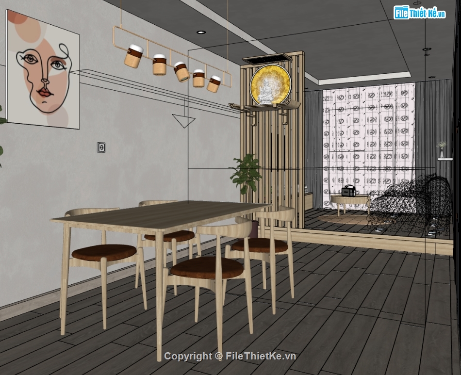 sketchup nội thất khách bếp,sketchup nội thất chung cư,sketchup nội thất hiện đại,thiết kế nội thất đẹp