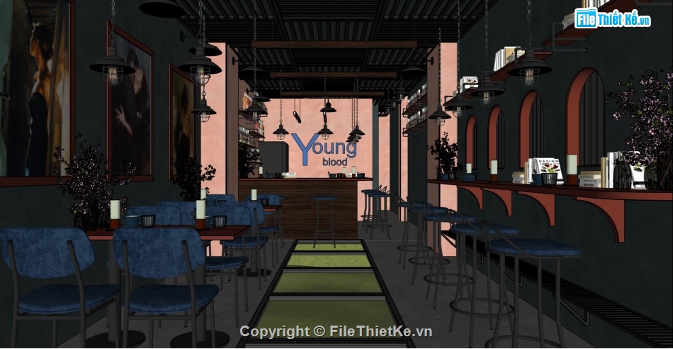 sketchup quán cafe,mẫu quán cà phê sketchup,model quán coffe,file sketchup quán cafe