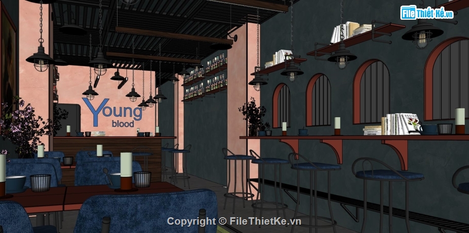 sketchup quán cafe,mẫu quán cà phê sketchup,model quán coffe,file sketchup quán cafe