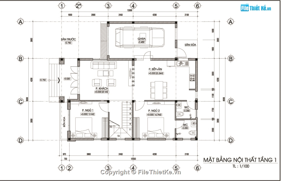 Full bản vẽ nhà vườn 2 tầng mái Nhật kt 8x12.55m + gara bên hông.