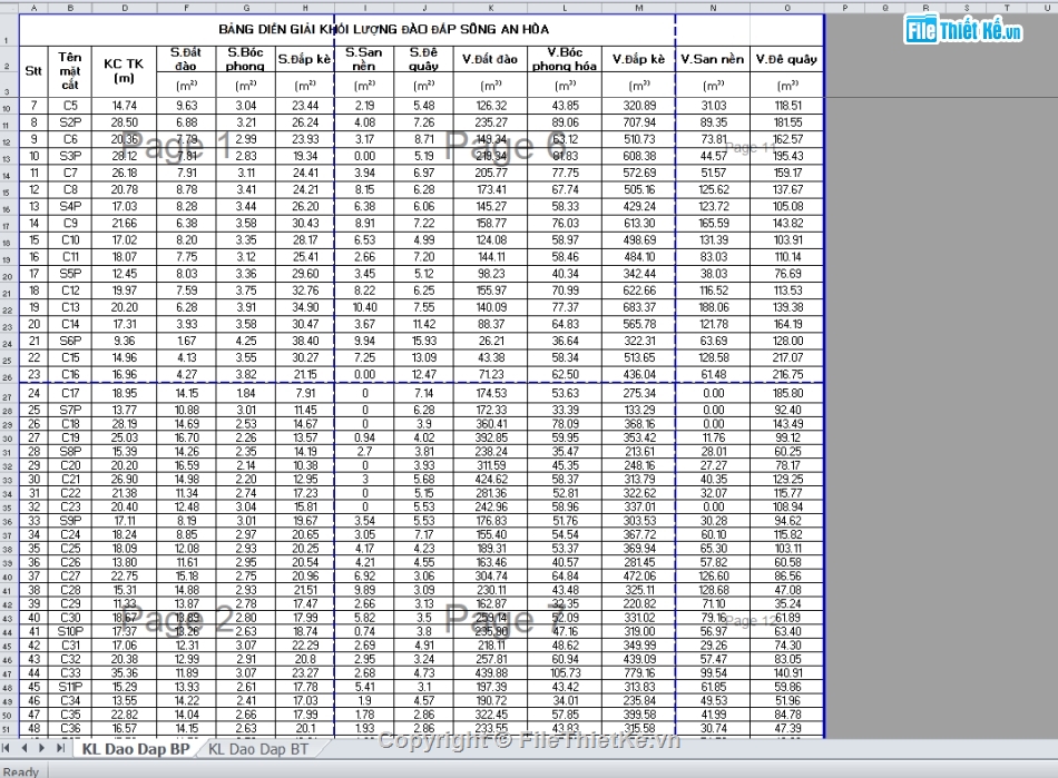 chi tiết,tính toán,excel,trắc dọc,kè sông,trắc ngang