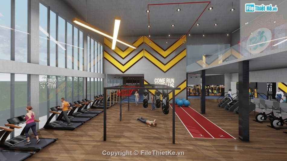 nội thất phòng gym,mẫu phòng tập gym,nội ngoại thất phòng gym,phòng tập gym - yoga,phòng gym 2 tầng,phòng gym 30x40m