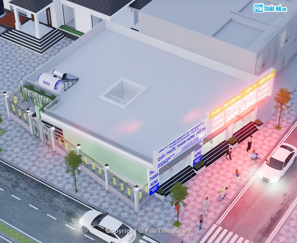thiết kế nhà ở lô góc,nhà ở kết hợp kinh doanh,kiến trúc nhà 1 tầng,file cad nhà lô phố