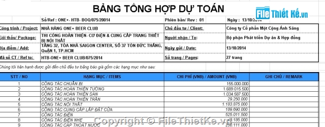 Hồ sơ dự thầu,dự toán,Hồ sơ thiết kế,one beer club,Cơ điện  one beer club