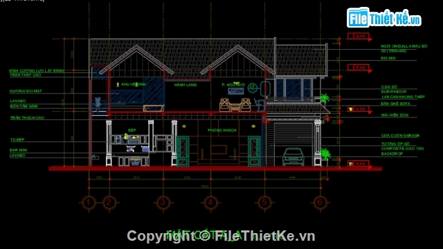 biệt thự 2 tầng 9.7x15.5m,thiết kế biệt thự 2 tầng,mẫu thiết kế 2 tầng mái mái,bản vẽ biệt thự 2 tầng