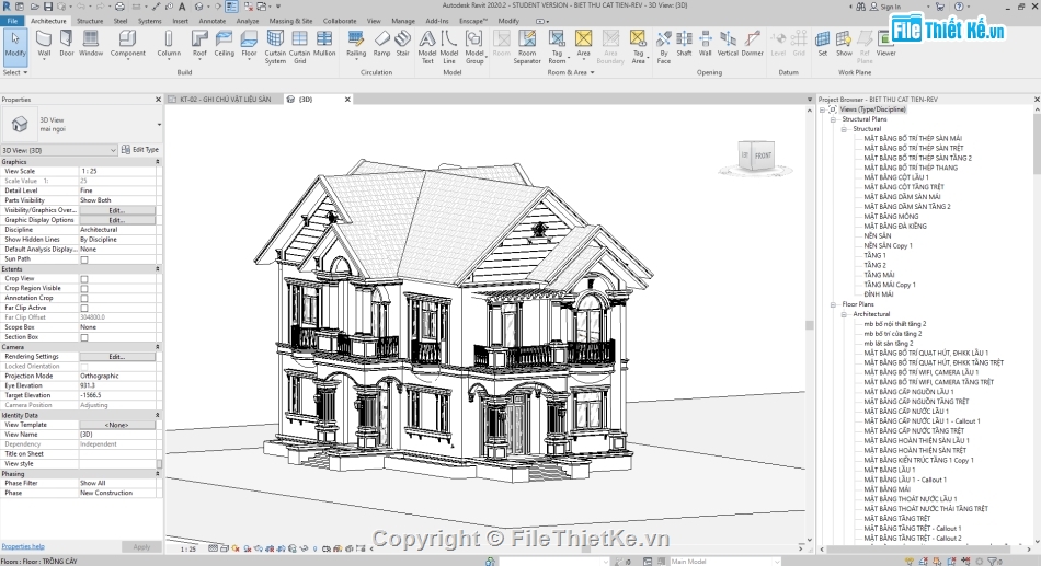 Revit biệt thự 2 tầng,Hồ sơ thiết kế biệt thự mái Thái,revit biệt thự mái thái,Revit biệt thự mái thái 8.5x14m,Biệt thự 2 tầng file revit