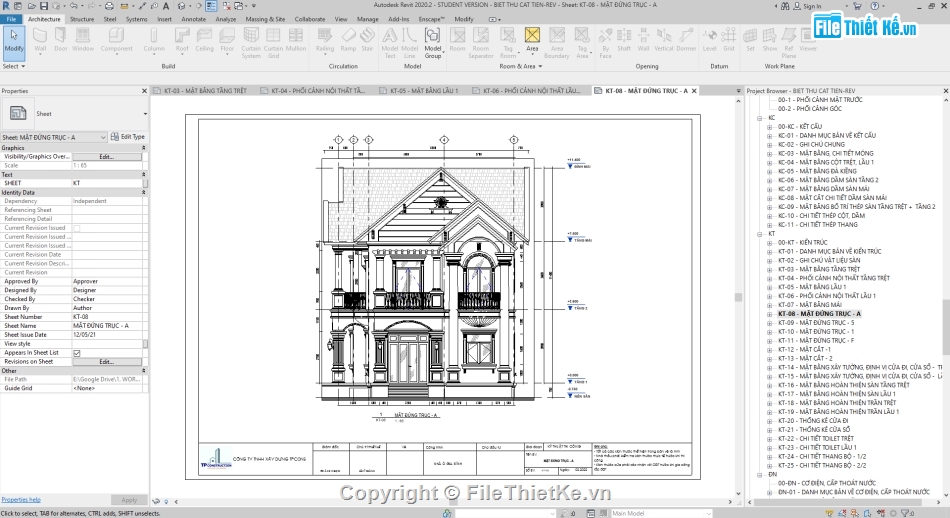 Revit biệt thự 2 tầng,Hồ sơ thiết kế biệt thự mái Thái,revit biệt thự mái thái,Revit biệt thự mái thái 8.5x14m,Biệt thự 2 tầng file revit