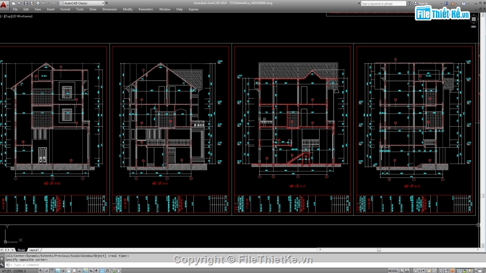 Biệt thự,file cad biệt thự 2 tầng đẹp,biệt thự 3 tầng
