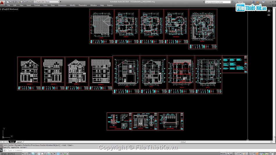 Biệt thự,file cad biệt thự 2 tầng đẹp,biệt thự 3 tầng