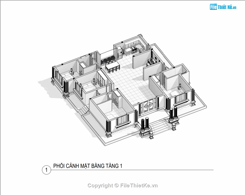 kiến trúc biệt thự,thiết kế tân cổ điển,revit biệt thự 16.2x16.7m,biệt thự file revit,nhà biệt thự 1 tầng,bản vẽ kiến trúc