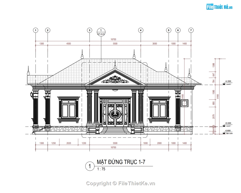 kiến trúc biệt thự,thiết kế tân cổ điển,revit biệt thự 16.2x16.7m,biệt thự file revit,nhà biệt thự 1 tầng,bản vẽ kiến trúc