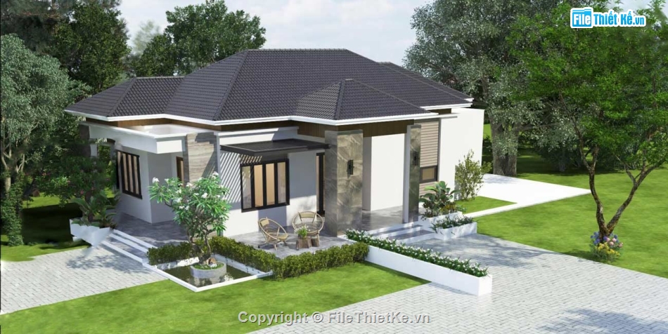 Biệt thự nhà vườn,kiến trúc biệt thự 1 tầng,revit biệt thự 1 tầng,biệt thự 1 tầng 10x17.6m