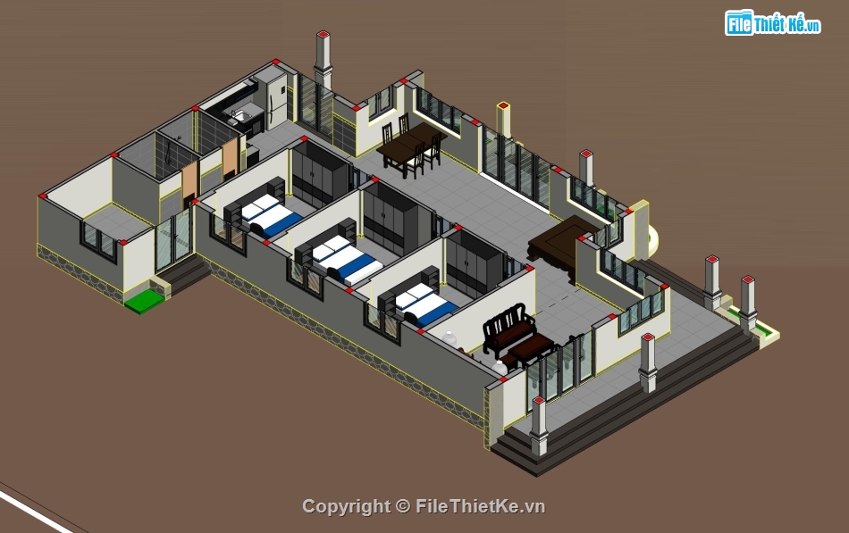 thiết kế nhà chữ L,mẫu công trình revit,thiết kế nhà nông thôn,bản vẽ revit 11x18m,nhà cấp 4 revit 11x18m