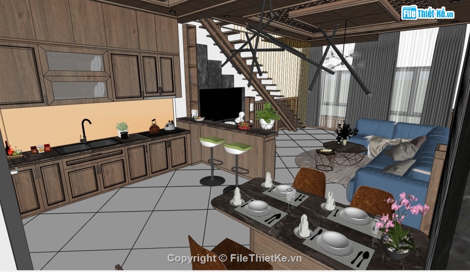 file 3d nội thất khách bếp,thiết kế nội thất khách bếp,sketchup nội thất khách bếp