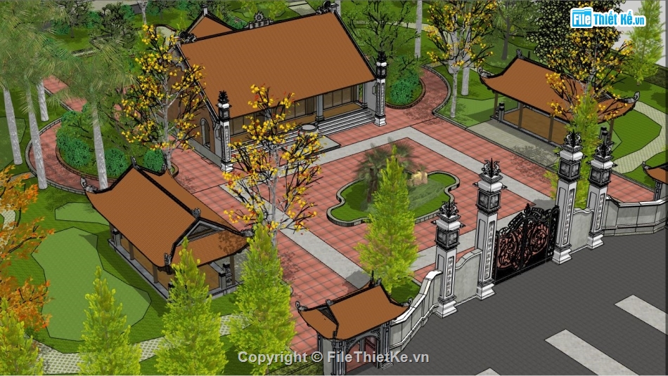 đền thờ sketchup,phối cảnh đền thờ su,bản vẽ đền thờ