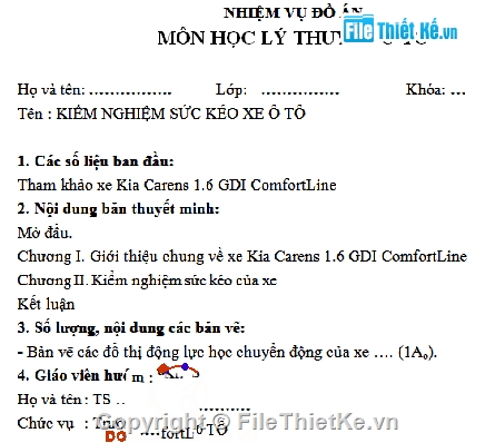 đồ án kiểm nghiệm sức kéo,đồ án,xe Kia Carens 1.6 GDI Comfortline.