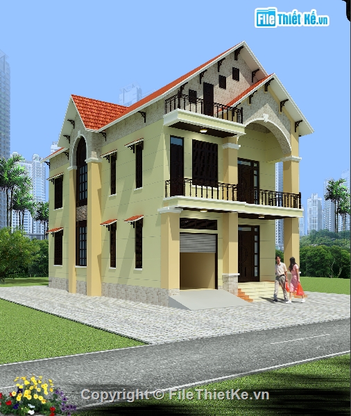 kiến trúc nhà 2 tầng,nhà kích thước 8 x 12.5m,nhà 2 tầng kiến trúc mái thái