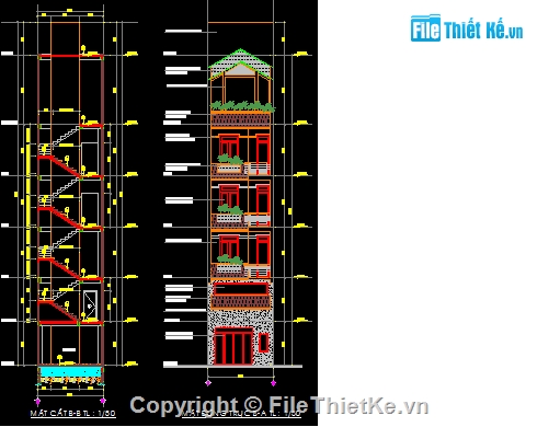 File cad,mặt bằng,file cad mặt bằng,Nhà lầu 4x17.3m,mặt cắt ngang,Kiến trúc Nhà Phố